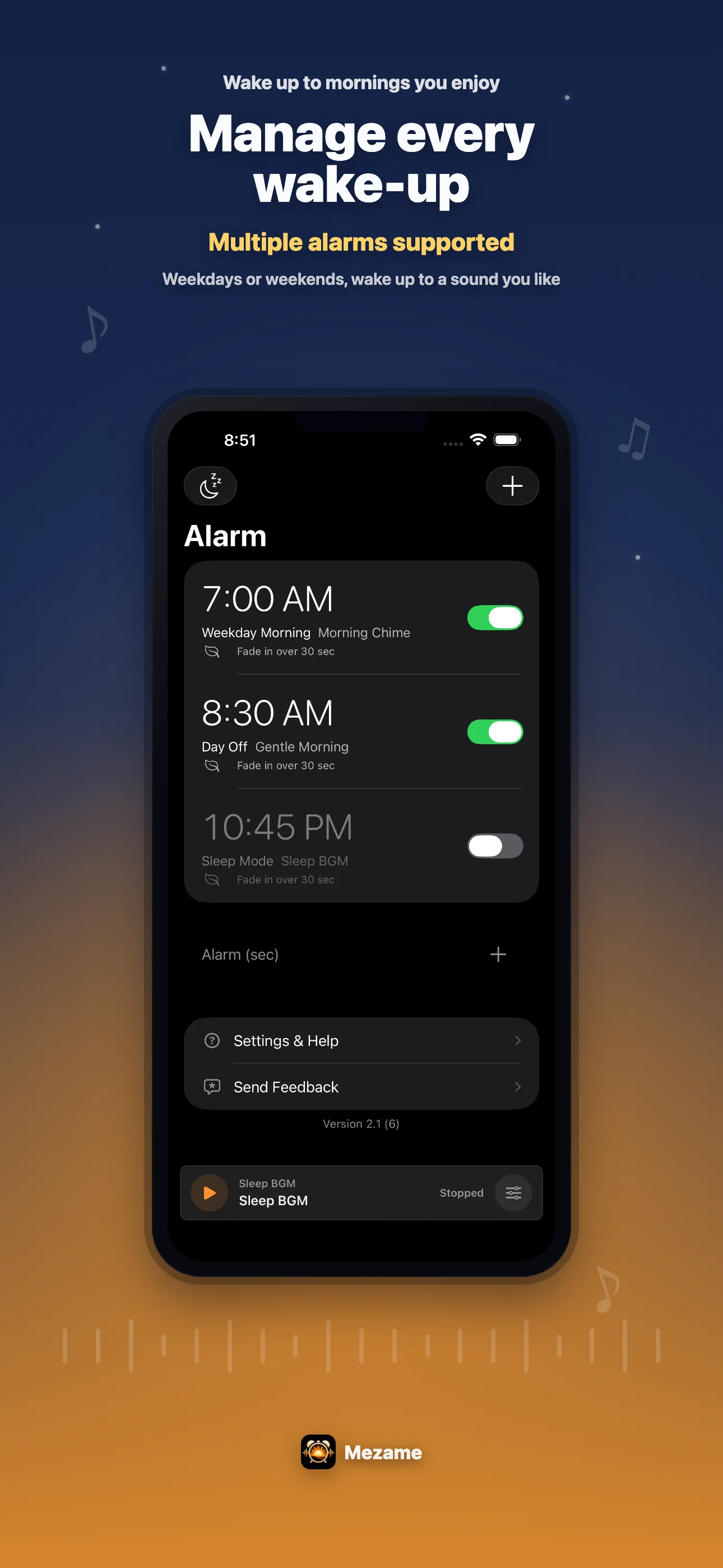Mezame Alarm management screen