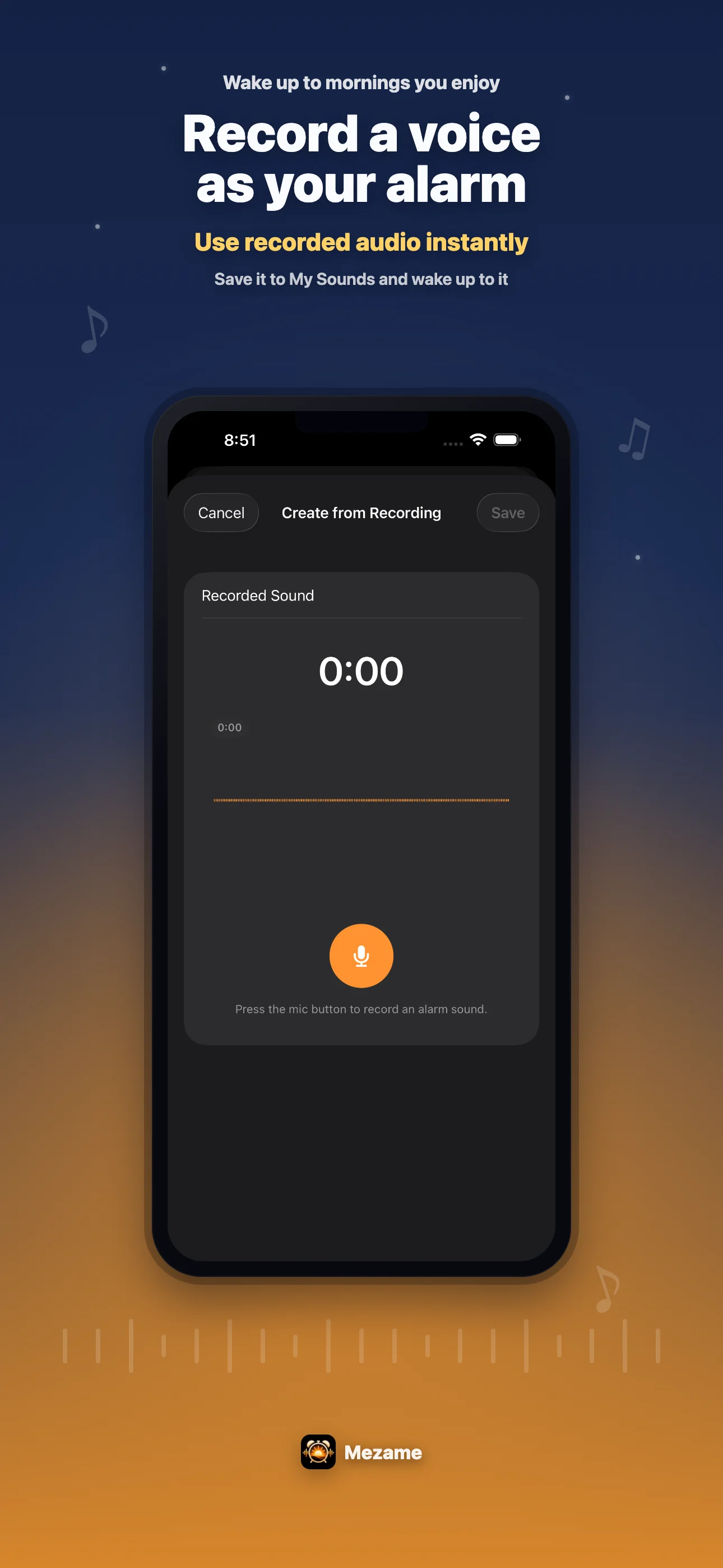 Mezame Alarm screen for using a recorded voice as an alarm