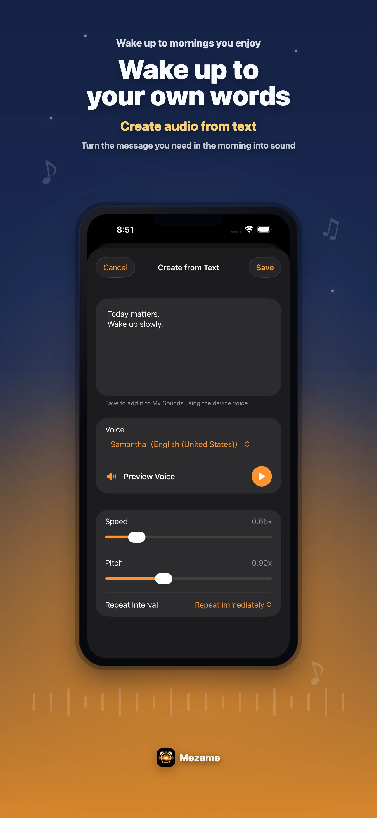 Mezame Alarm screen for creating text-to-speech alarm audio