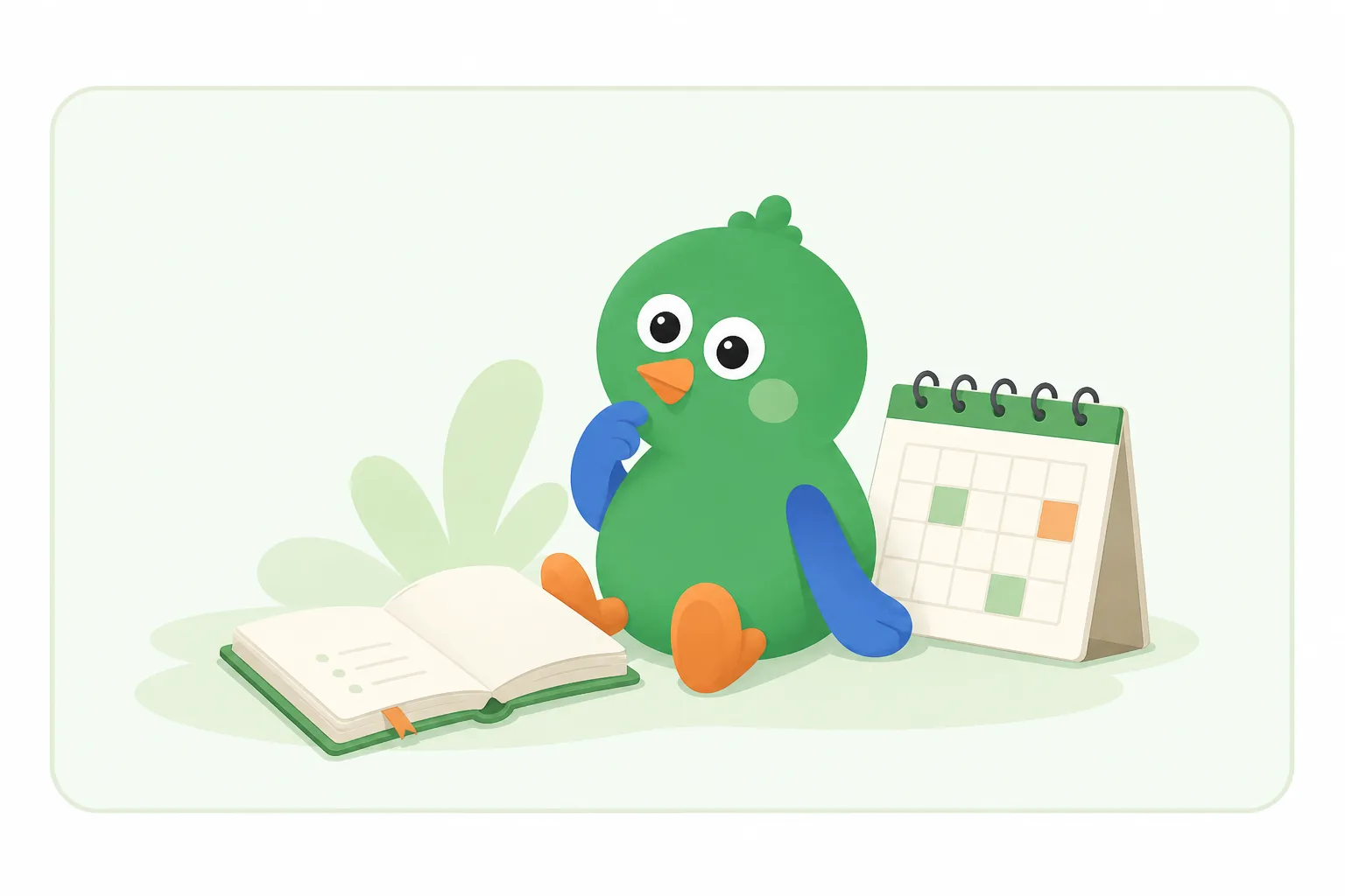 ノートとカレンダーのそばにいる Pushy のキャラクター